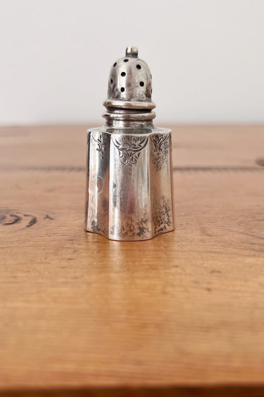 Antique Etched Silver Plate Pepper Shaker