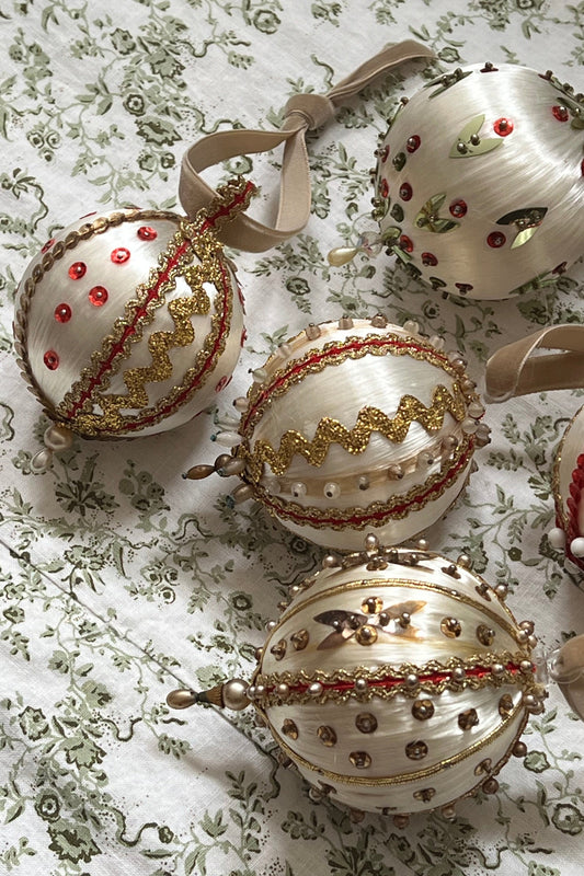 Set of 6 | Vintage Decorated Silk Bulbs (Red + Gold)