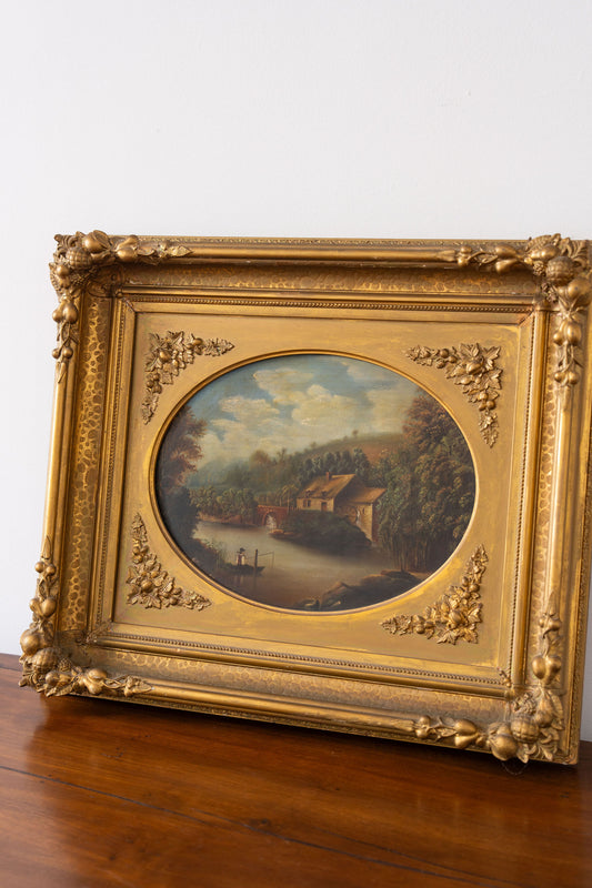 Antique 19th Century English Original Pastoral Landscape Oil on Tin