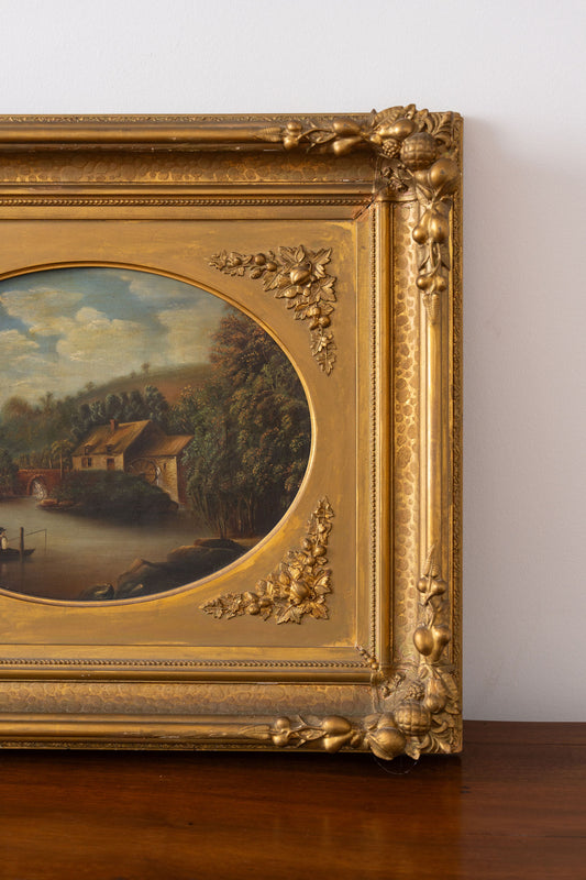 Antique 19th Century English Original Pastoral Landscape Oil on Tin