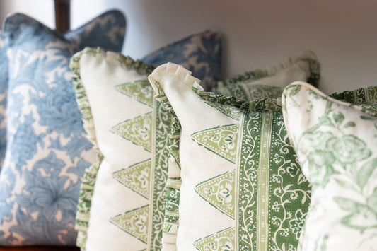 22x22 Ruffle Trim Pillow Covers | Schumacher x Mark D. Sikes ‘Foxglove’ Leaf Green Indoor/Outdoor Fabric (PAIR)