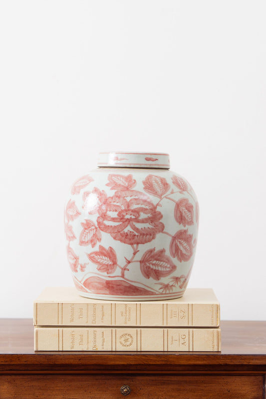 Crane + Floral Lidded Red/Pink + White Jar