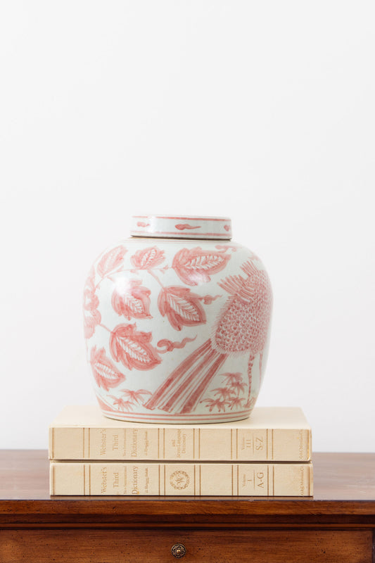 Crane + Floral Lidded Red/Pink + White Jar