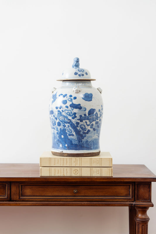 Blue + White Ginger Jar With Bird + Flower Motif