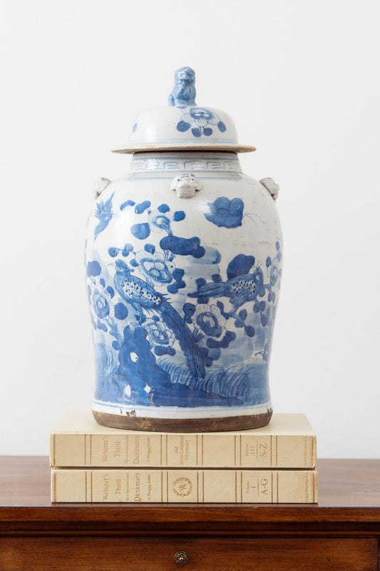 Blue + White Ginger Jar With Bird + Flower Motif