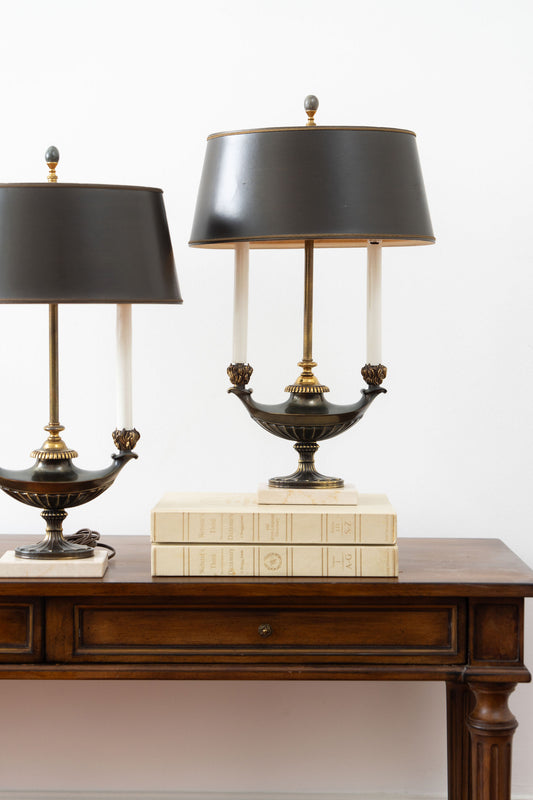 PAIR of Stiffel Brass Lamps with Black Oval Shades and Marble Bases