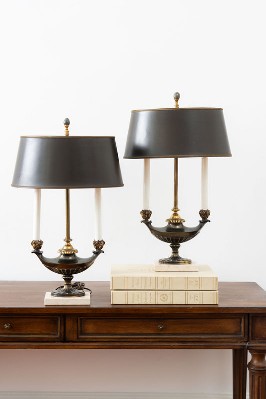 PAIR of Stiffel Brass Lamps with Black Oval Shades and Marble Bases