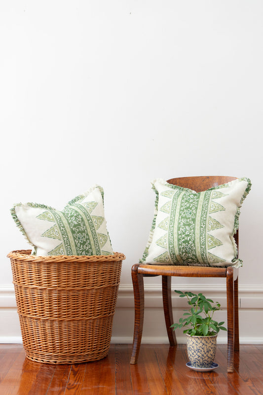 22x22 Ruffle Trim Pillow Covers | Schumacher x Mark D. Sikes ‘Foxglove’ Leaf Green Indoor/Outdoor Fabric (PAIR)