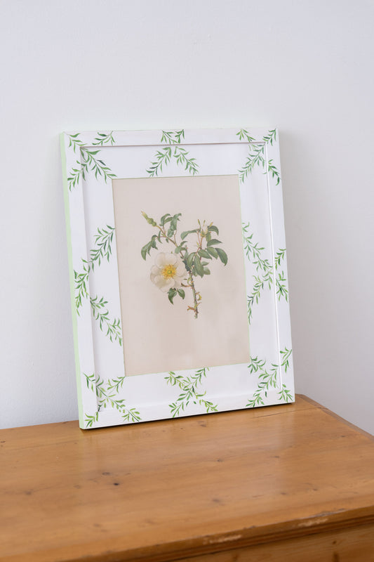 Bespoke Botanical | Antique Botanical Book Plate of White Roses in Hand Painted Frame