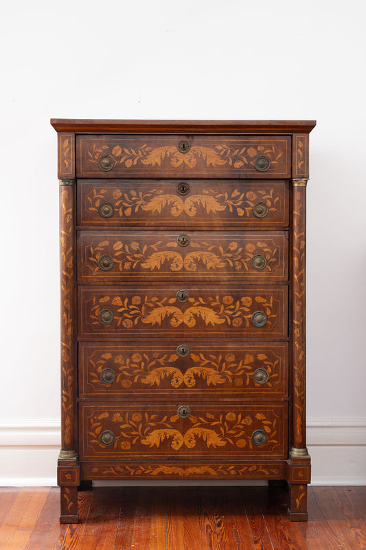 Antique Dutch Marquetry Chest Drawers Tall Boy Inlay (c. 1820)