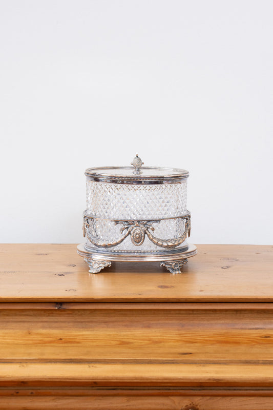 English Silverplate & Cut Crystal Biscuit Jar