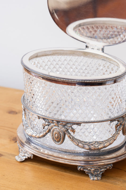 English Silverplate & Cut Crystal Biscuit Jar