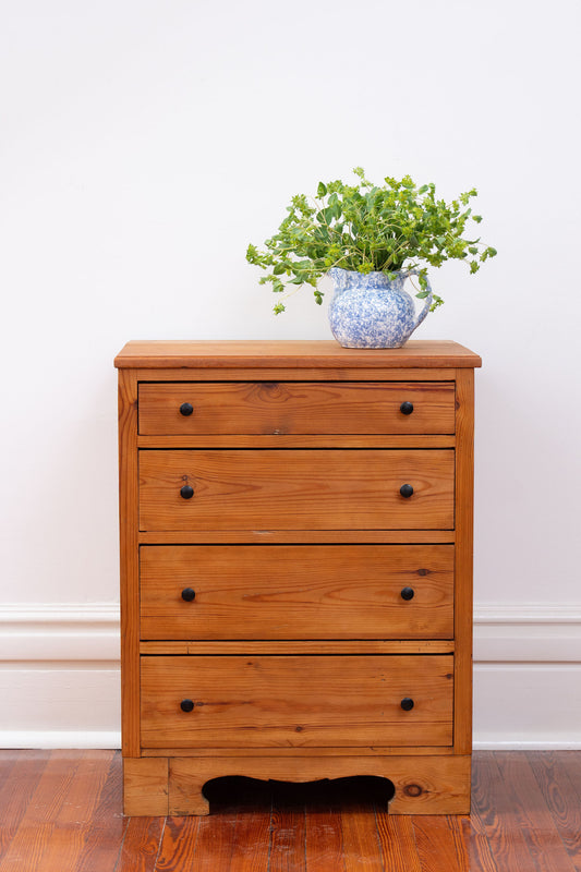 19th Century European Pine Petite 4-Drawer Chest with Black Knobs