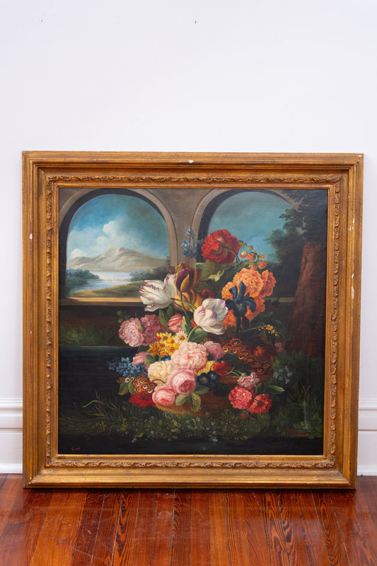 Large Antique Dutch-Style Floral Original Oil Painting