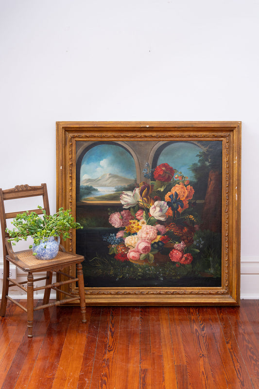 Large Antique Dutch-Style Floral Original Oil Painting