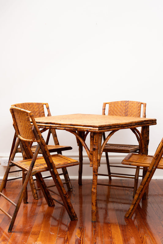 Vintage Burnt Bamboo Card Table with 4 Folding Chairs