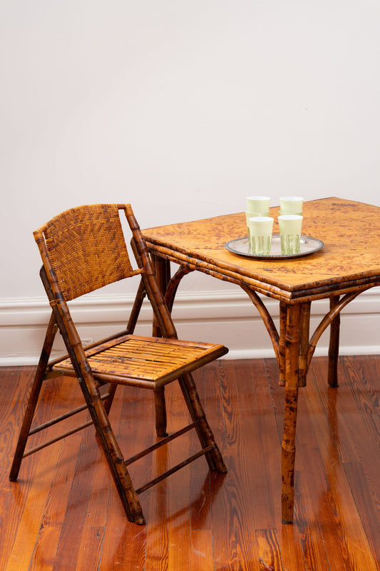 Vintage Burnt Bamboo Card Table with 4 Folding Chairs